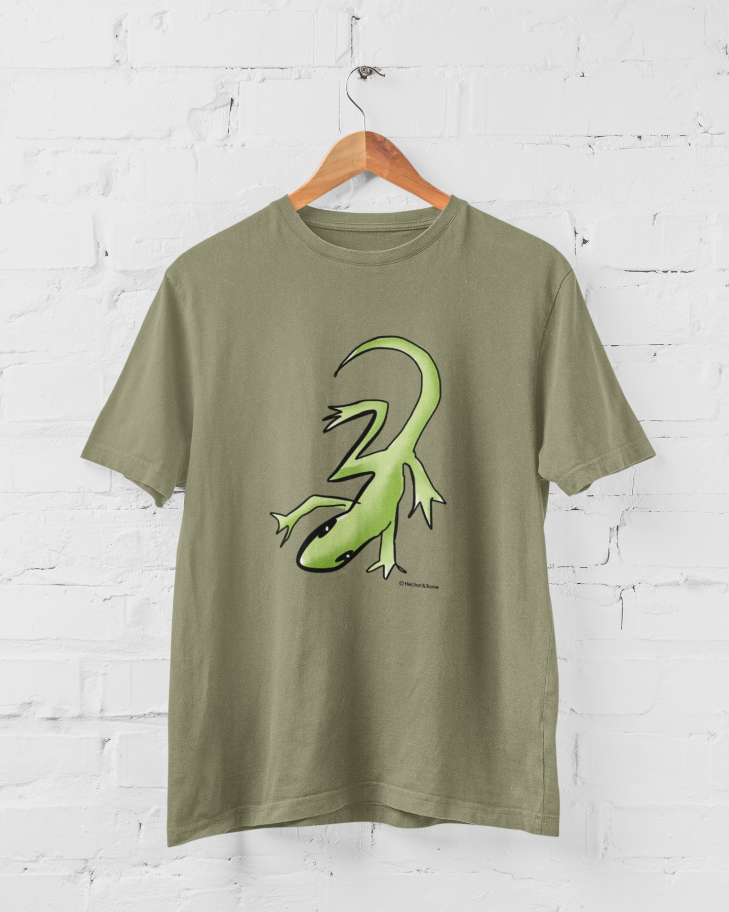 Lizard T-shirt - Illustrated Lounge Lizard T-shirt on vegan sage green colour cotton t-shirts by Hector and Bone