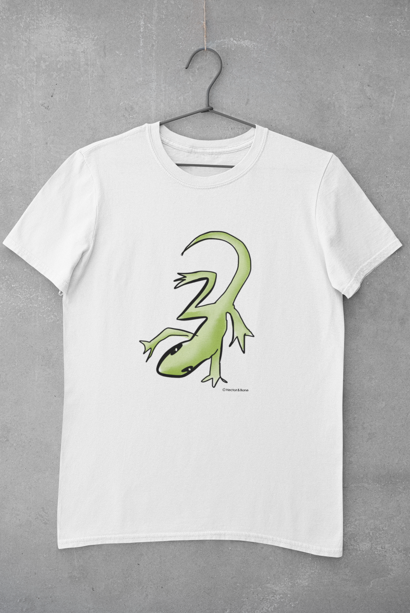 Lizard T-shirt - Illustrated Lounge Lizard T-shirt on white vegan cotton by Hector and Bone