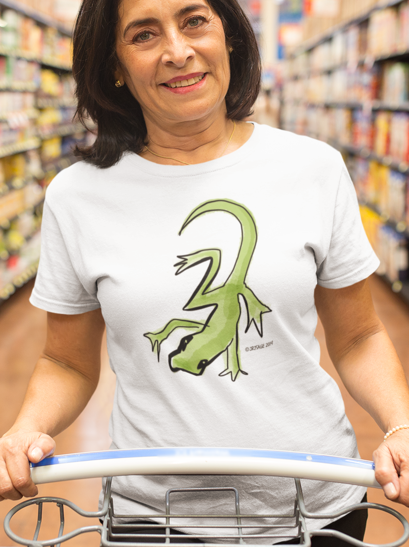 Lounge Lizard T-shirt - Woman wearing a white vegan cotton gecko t-shirt by Hector and Bone