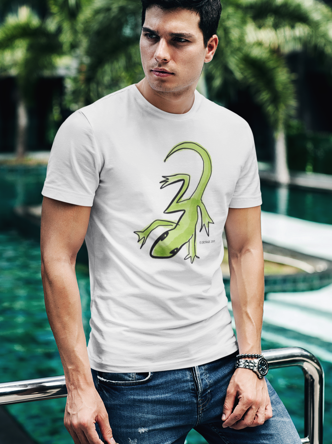 Lounge Lizard T-shirt - young man wears a white colour vegan cotton gecko t-shirt by Hector and Bone