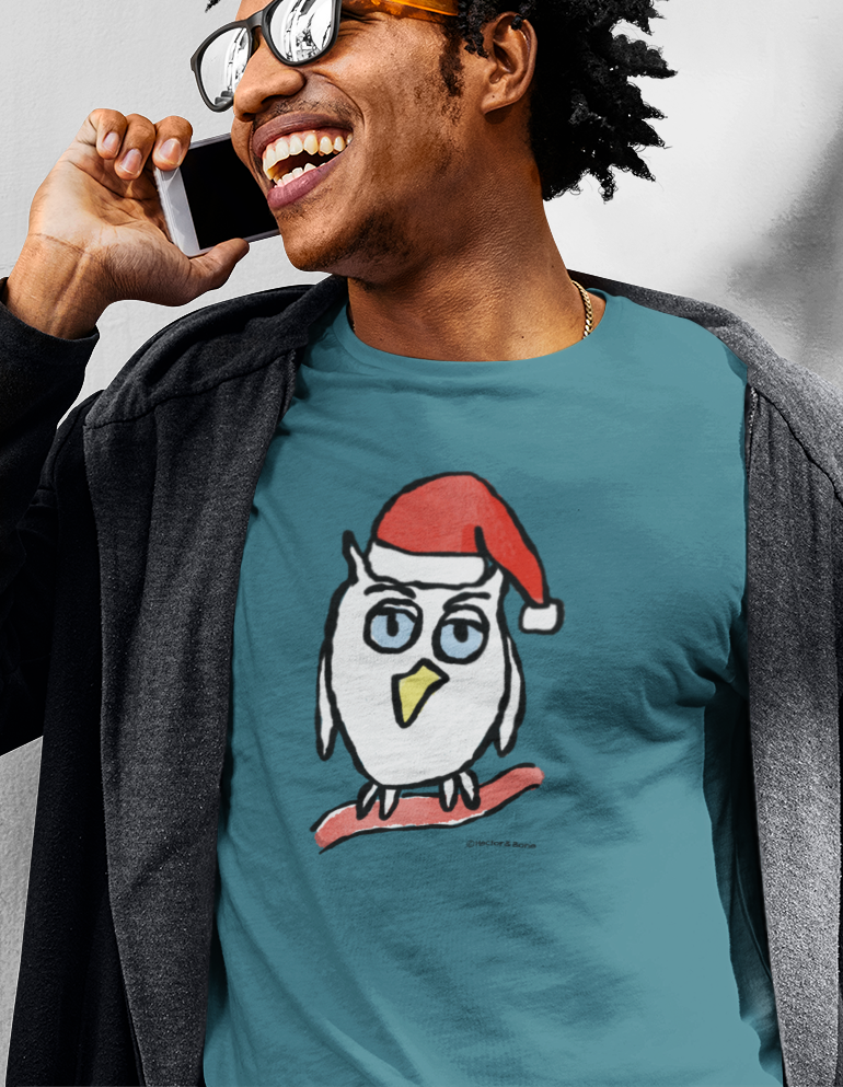 Santa Night Owl Christmas T-shirt - Happy man wearing an Illustrated funny Xmas night owl on a night blue vegan cotton t-shirt by Hector and Bone