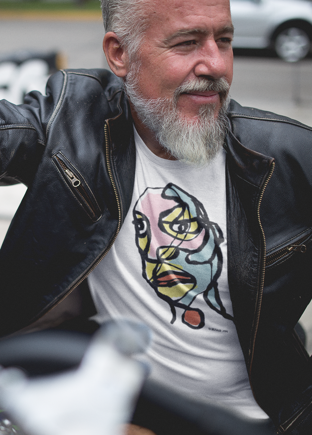 Abstract man portrait t-shirt - Man wearing an Edgy Eddie abstract man's face illustrated on a vegan white cotton t-shirt by Hector and Bone