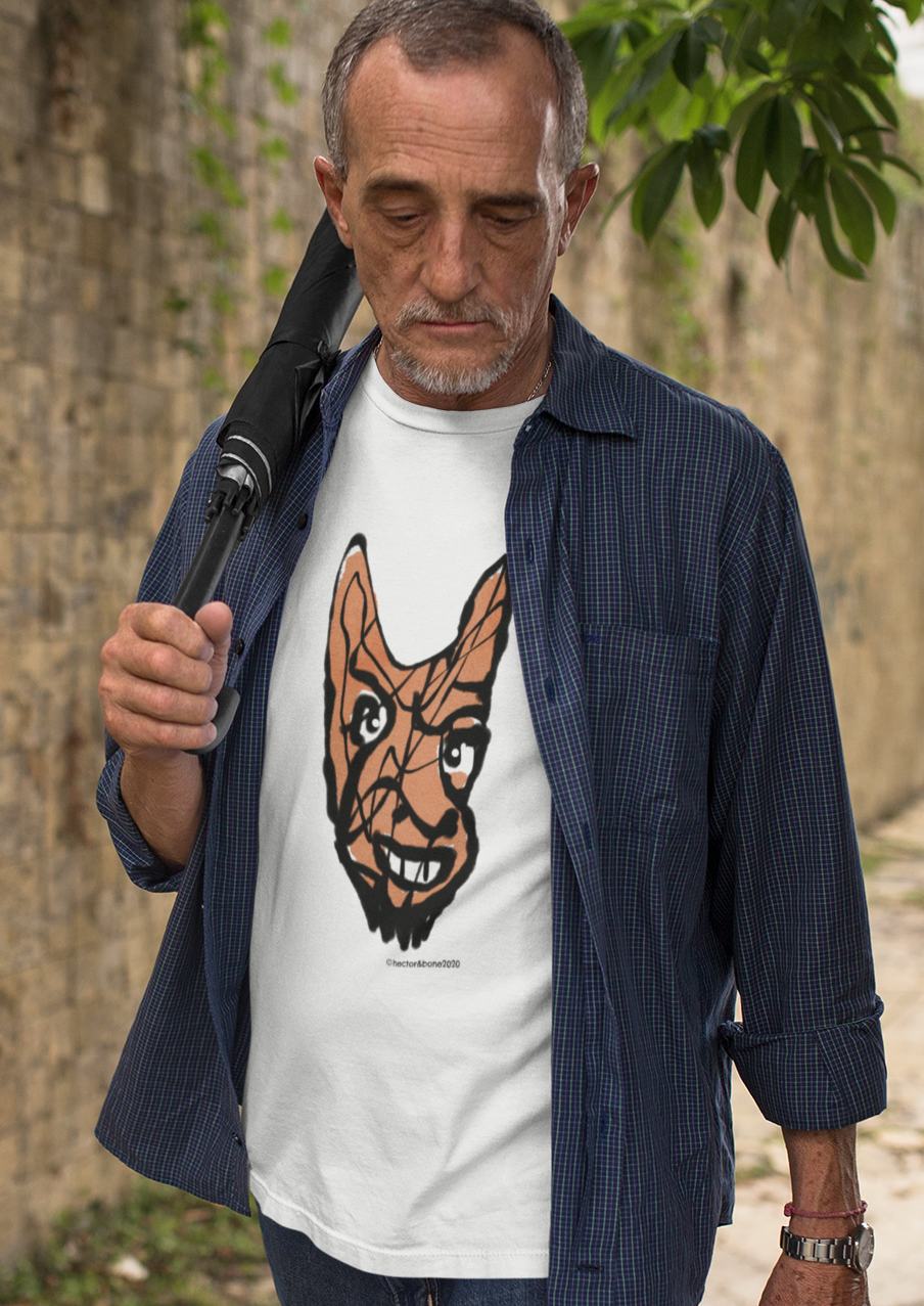Man wearing a Cheeky Little Devil Halloween original illustrated White Hector and Bone cotton t-shirt