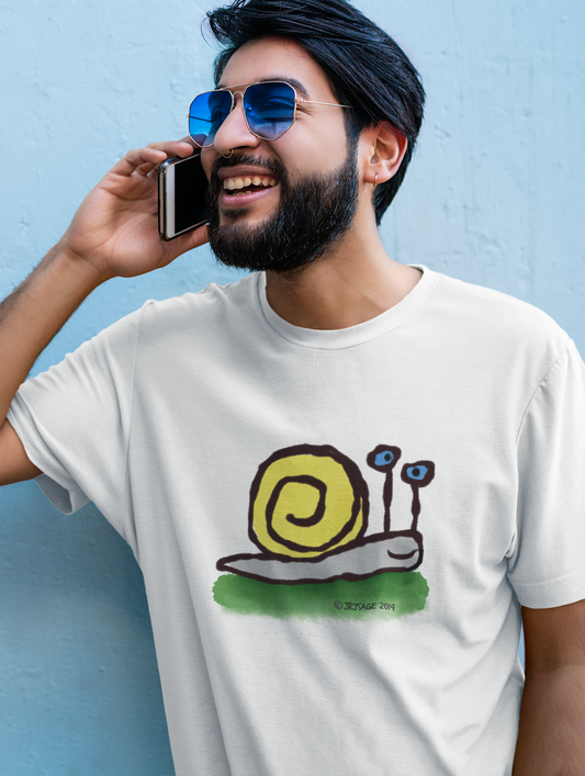 Snail T-shirt - A young man wearing a Unisex Hector and Bone vegan cotton T-shirt with printed Cute Snail illustration