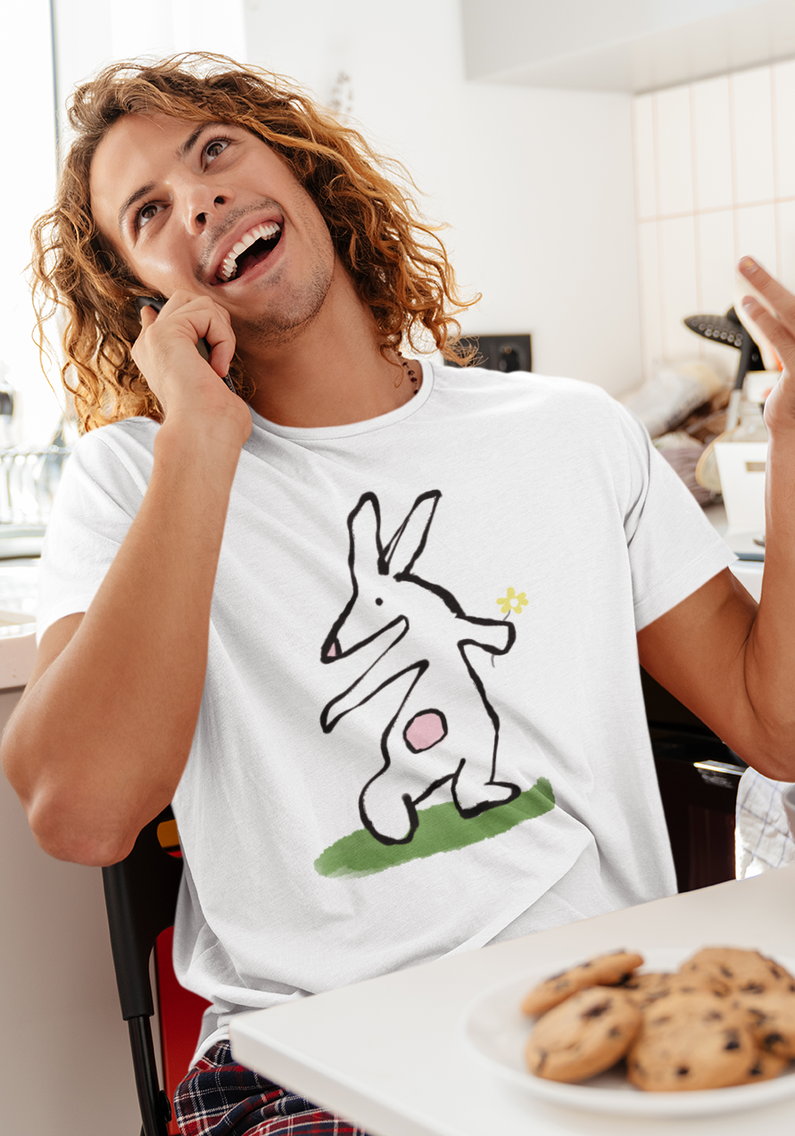 Young man wearing a Flower Bunny illustrated Rabbit T-shirt design on white vegan cotton by Hector and Bone