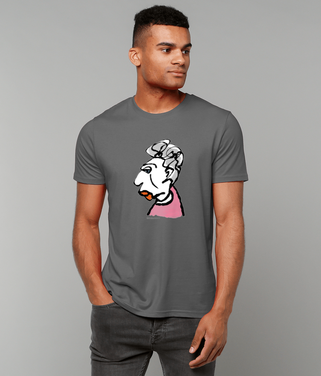 Glamorous Granny T-shirt - Young man wearing illustrated Glamorous Granny T-shirt on dark grey vegan cotton by Hector and Bone