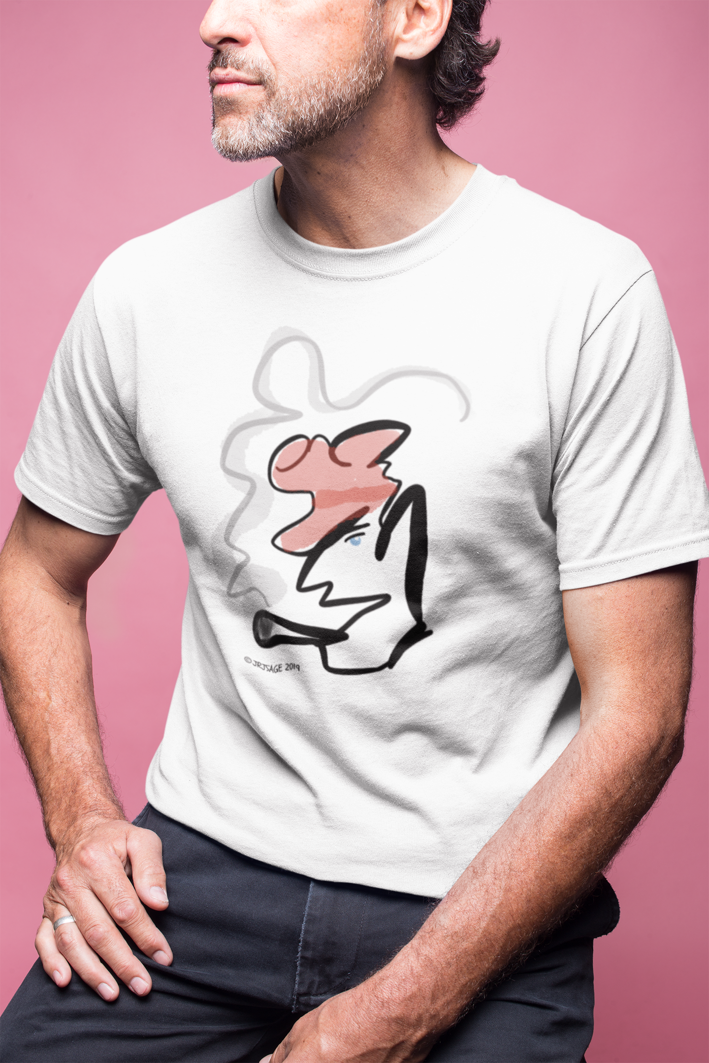 Man wearing a stylised illustrated design of Parisian smoking man portrait on a vegan cotton t-shirt by Hector and Bone