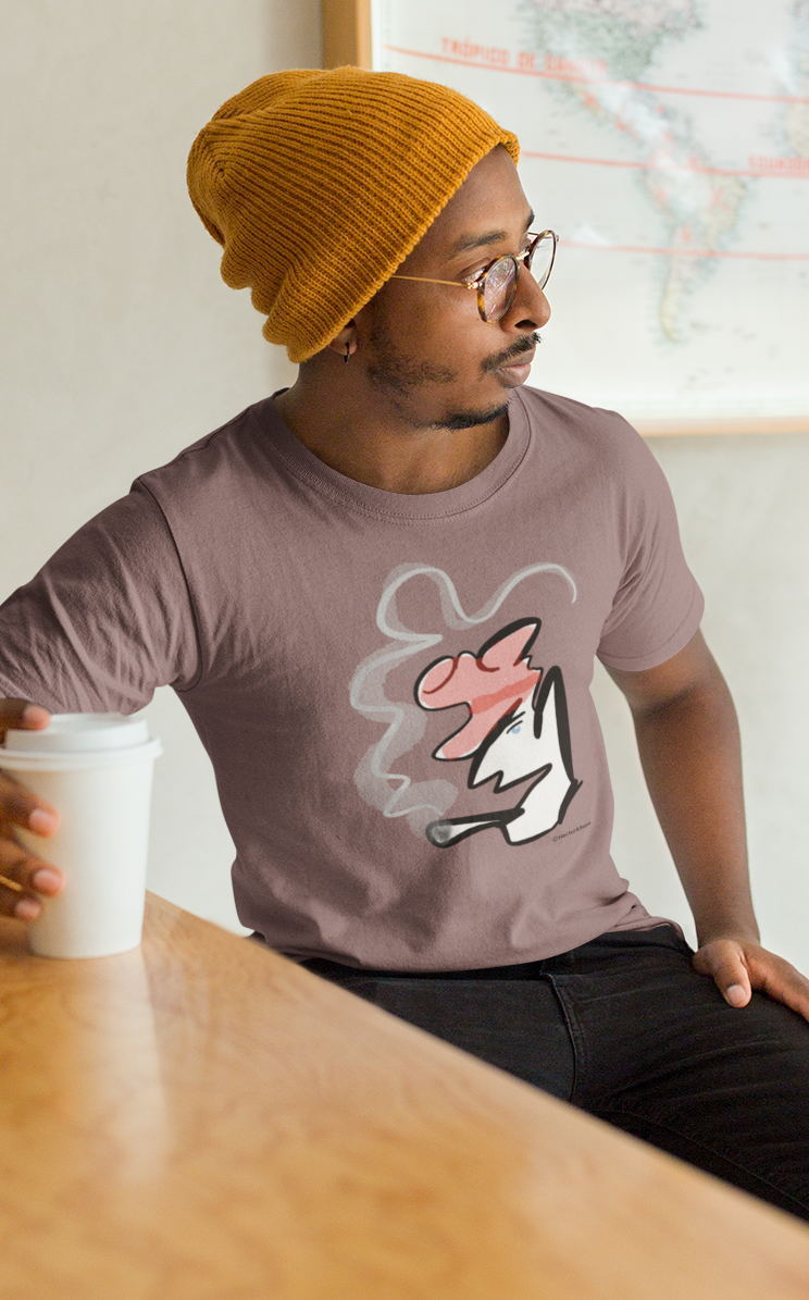 Man wearing a stylised illustrated design of Parisian smoking man portrait on a coffee colour vegan cotton t-shirt by Hector and Bone