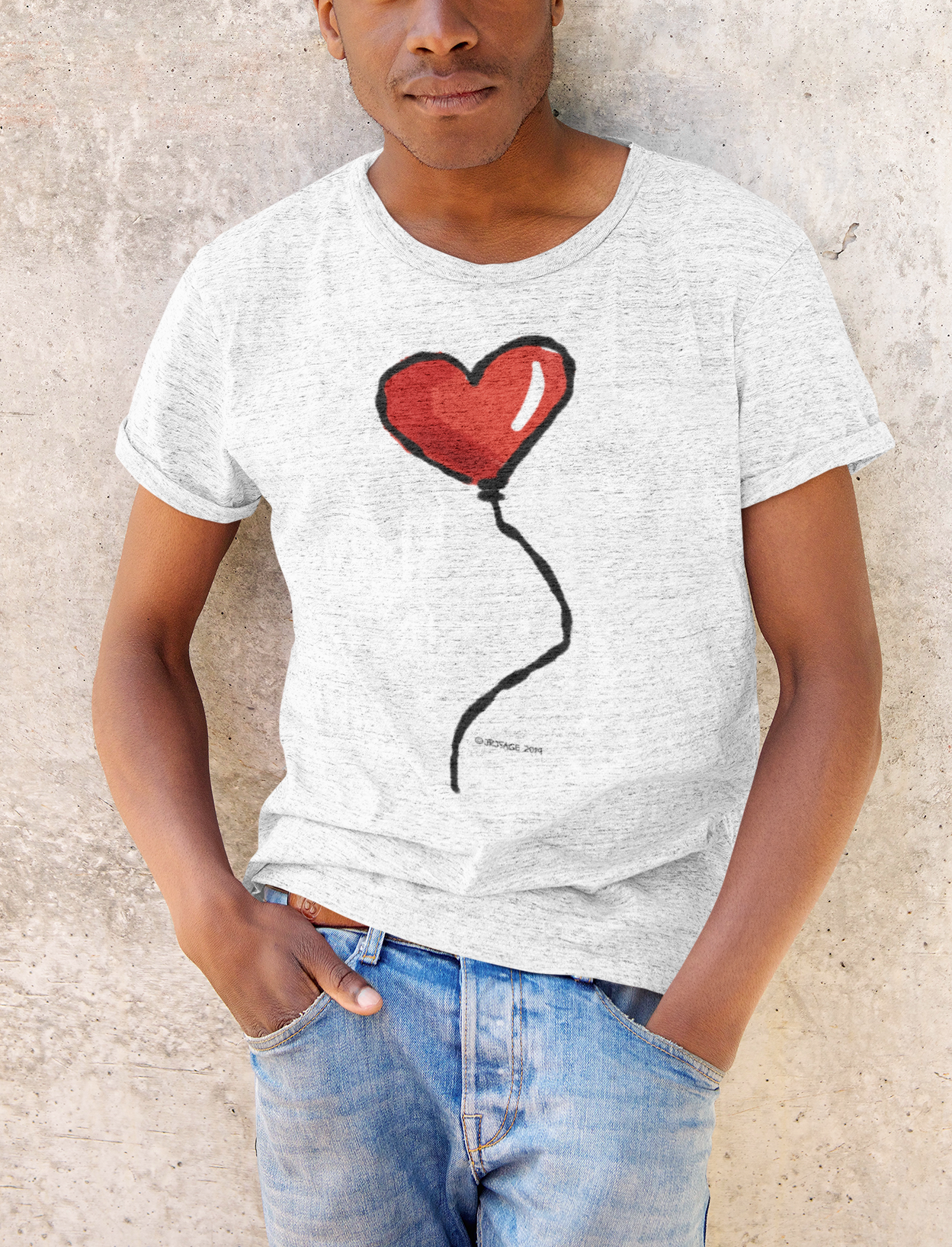 Man wearing a Red Heart Balloon I Love you T-shirt design printed on a cream heather grey colour vegan cotton t-shirt by Hector and Bone