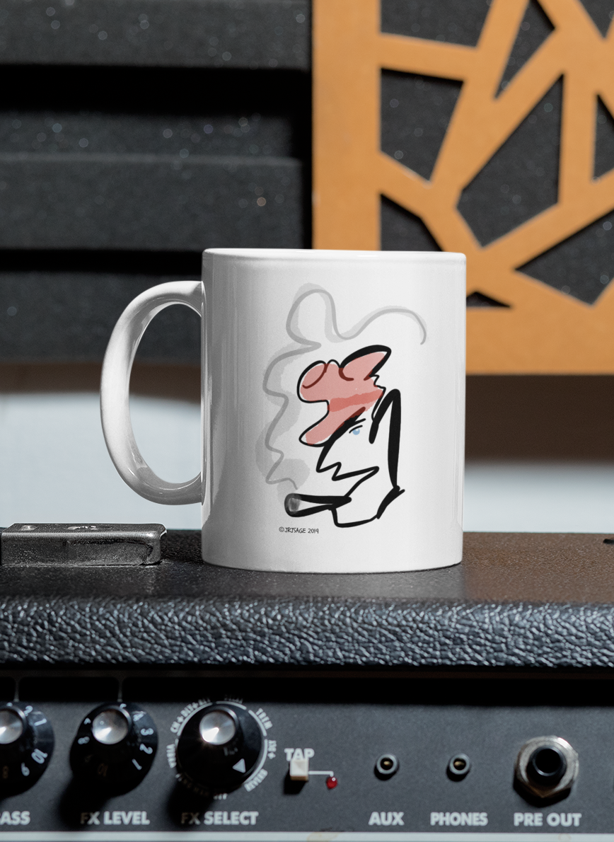 A ceramic coffee mug on a guitar amp with a Monsieur Gaulois - smoking man - portrait illustration by Hector and Bone