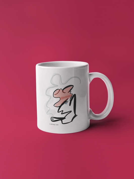 A ceramic coffee mug with a Monsieur Gaulois - smoking man - portrait illustration by Hector and Bone