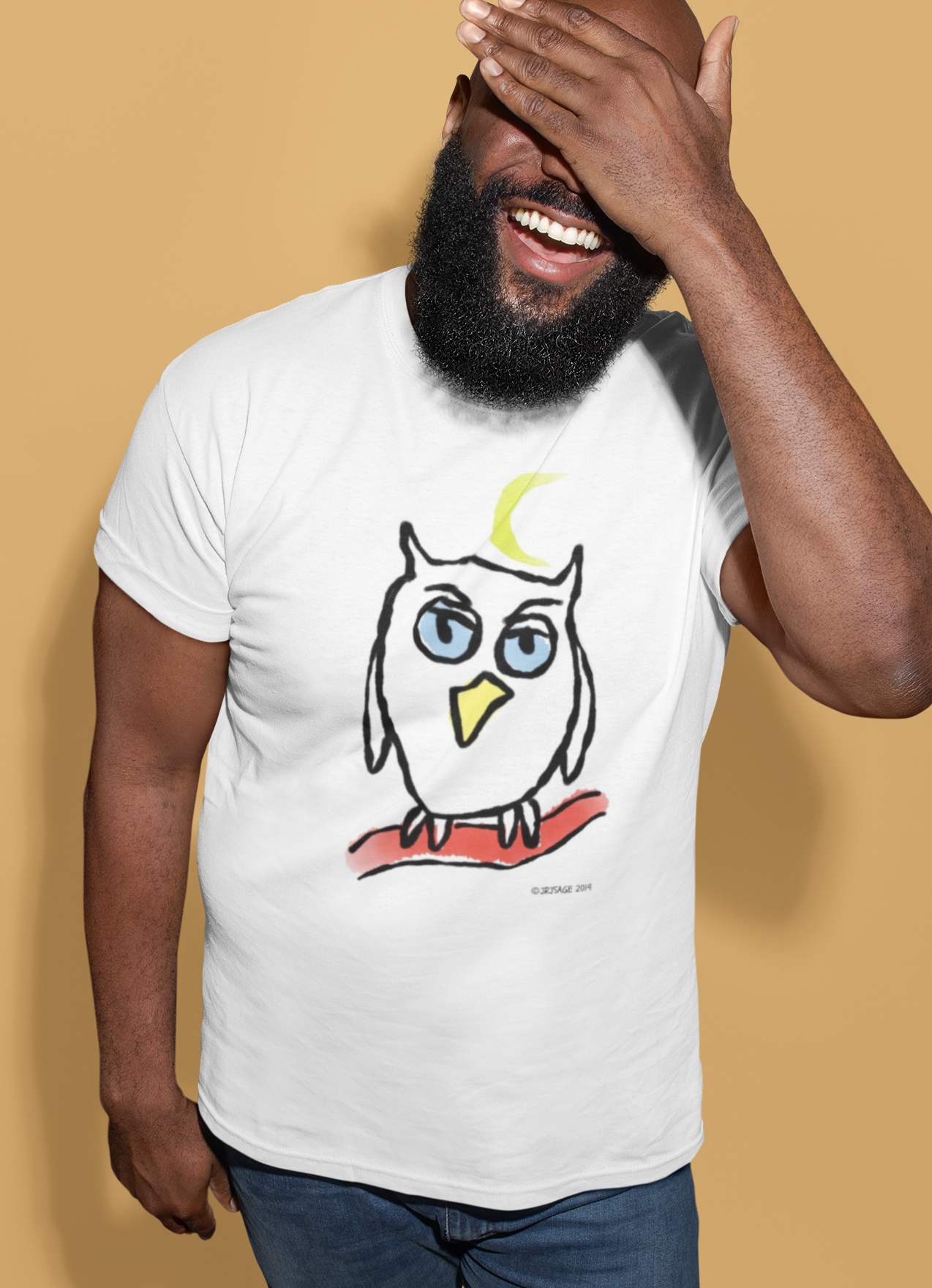 Owl T-shirts - Young man wearing a classic white vegan cotton Night Owl T-shirt design by Hector and Bone
