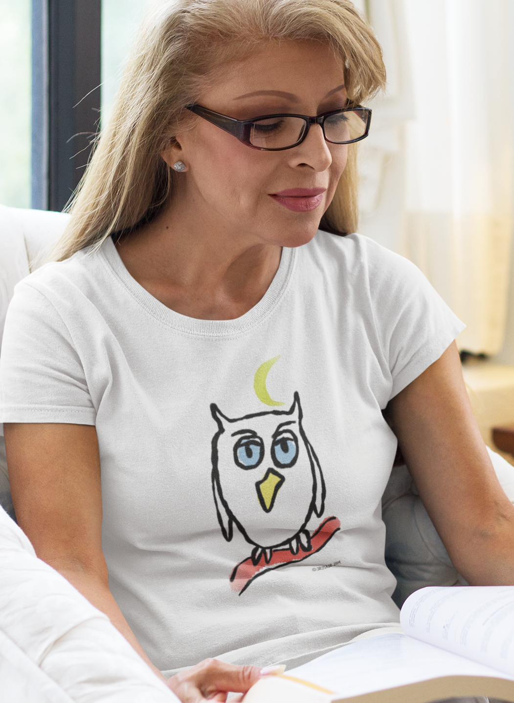 Owl T-shirts - Woman wearing a classic white vegan cotton Night Owl T-shirt design by Hector and Bone