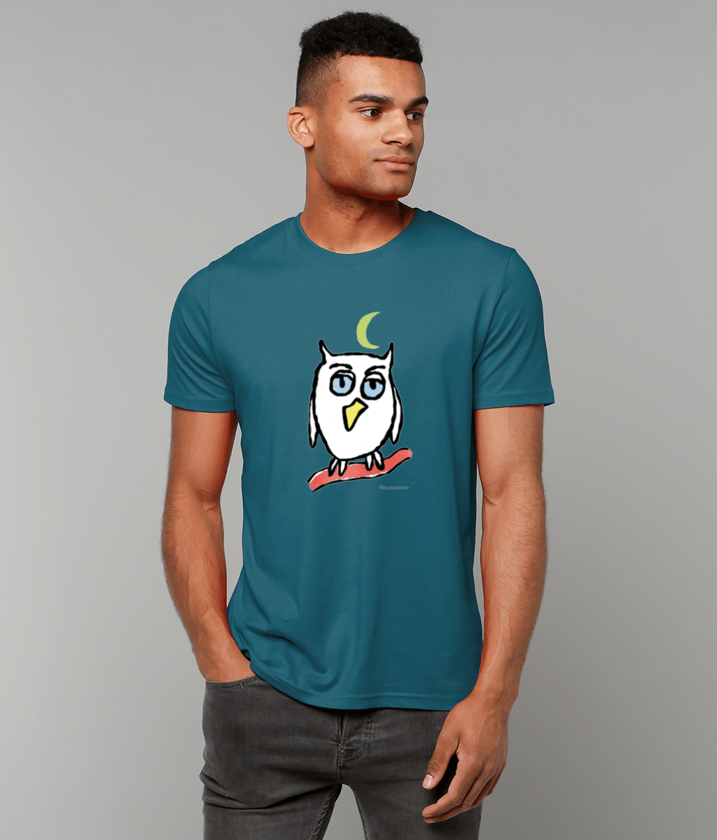 Owl T-shirt - Young man wearing a night blue colour vegan cotton Night Owl T-shirt design by Hector and Bone