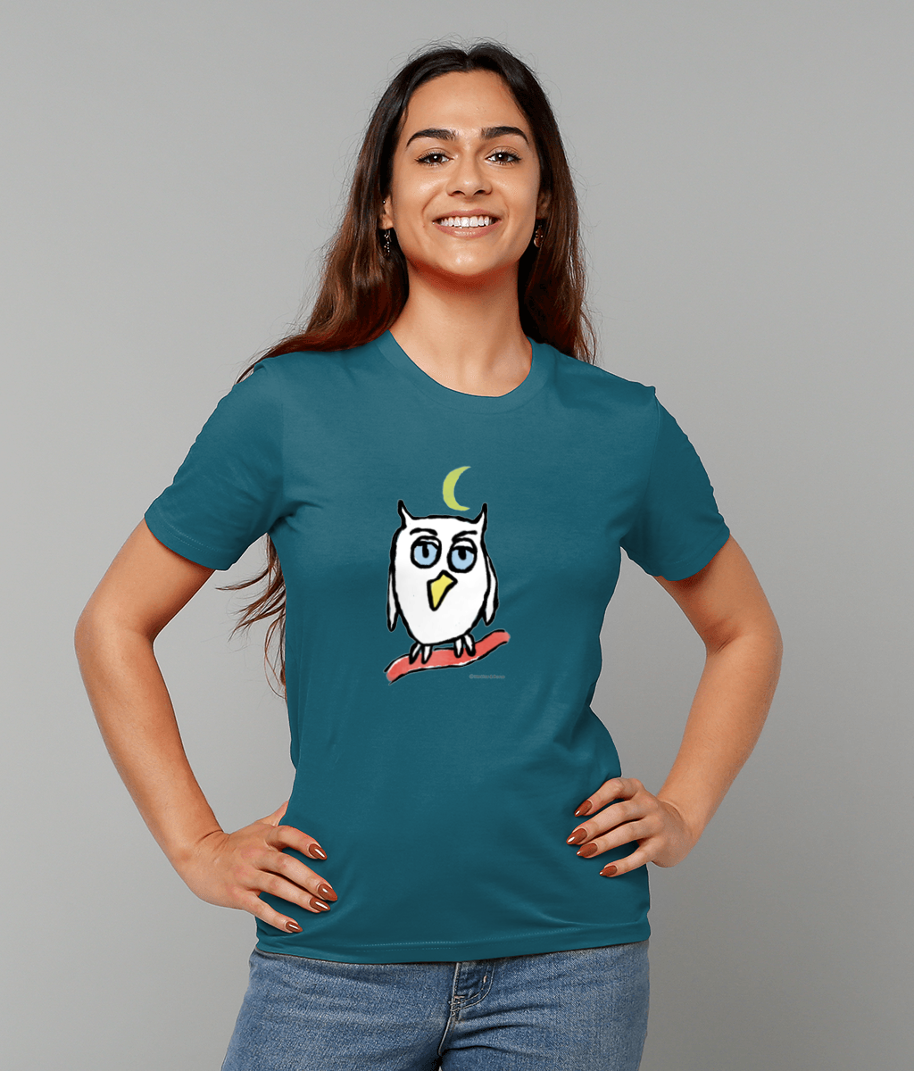 Owl T-shirt - Young woman wearing a night blue colour vegan cotton Night Owl T-shirt design by Hector and Bone