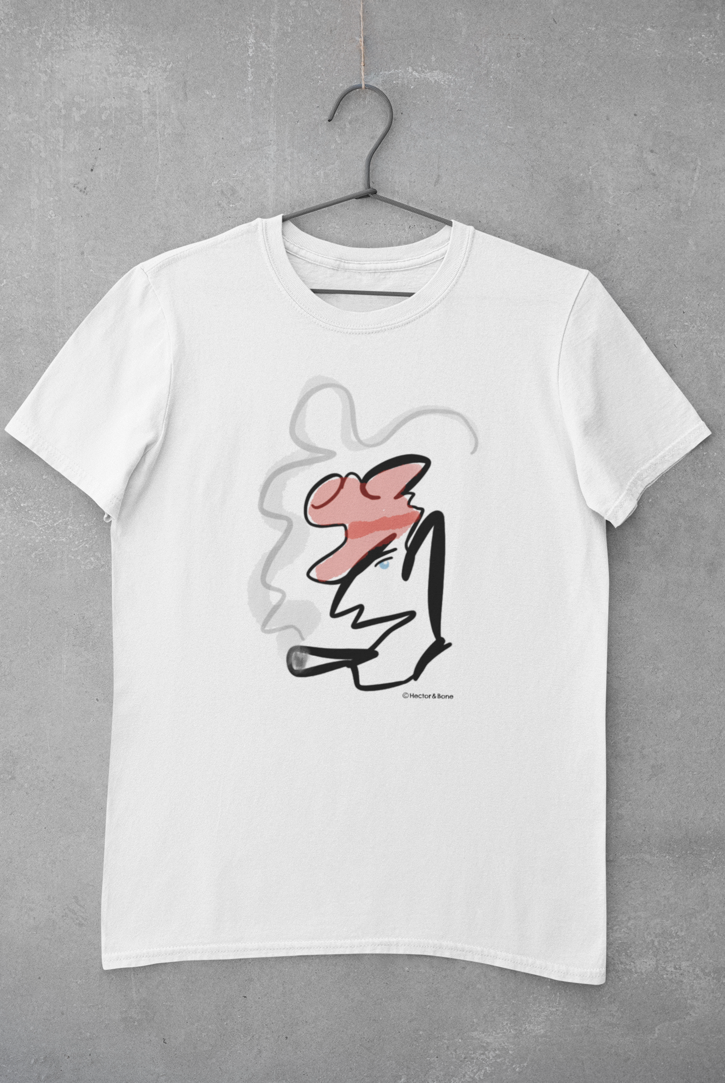 White quality vegan cotton t-shirt with Hector and Bone smoking man Monsieur Gaulois illustrated Parisian abstract t-shirt design