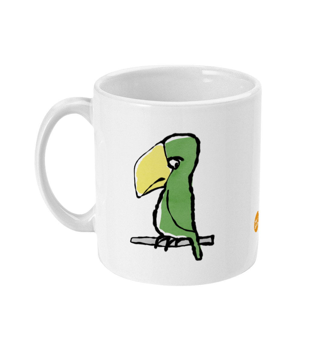 Peter Parrot Mug - Funny grumpy parrot illustrated coffee mug by Hector and Bone Left View