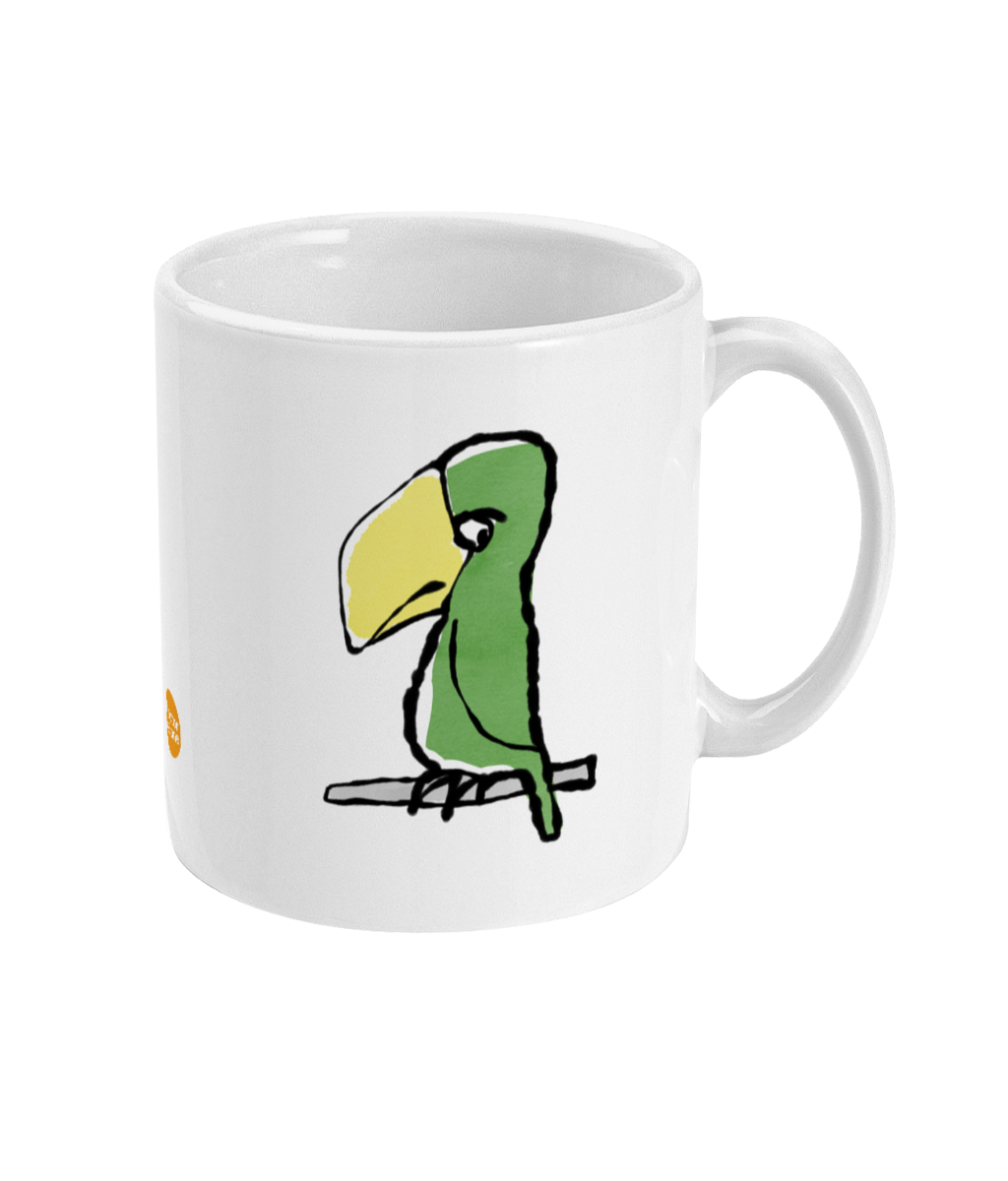 Peter Parrot Mug - Funny grumpy parrot illustrated coffee mug by Hector and Bone Right View