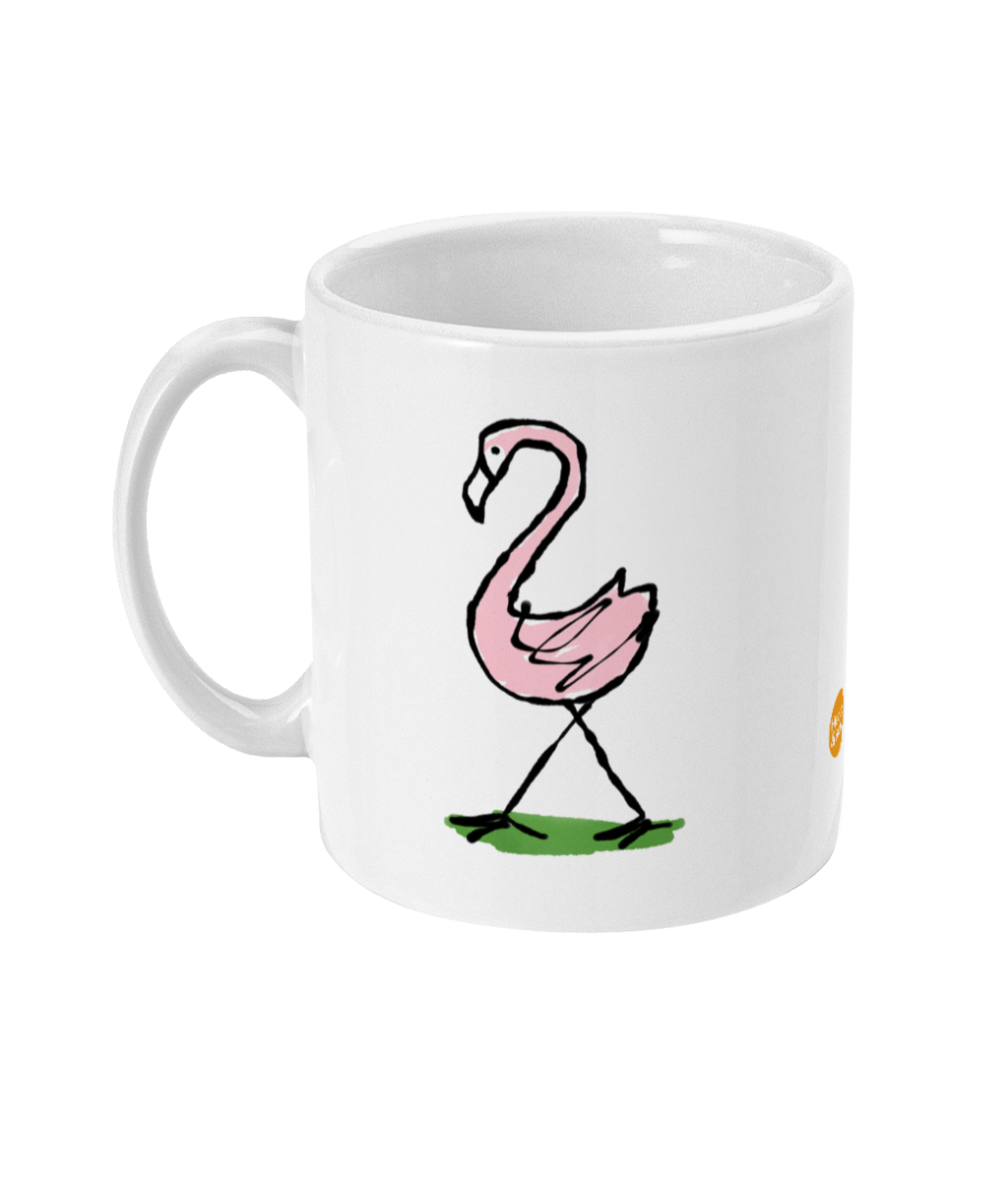 Pink Flamingo Mug - Funny cute owl illustrated coffee mug by Hector and Bone Left View