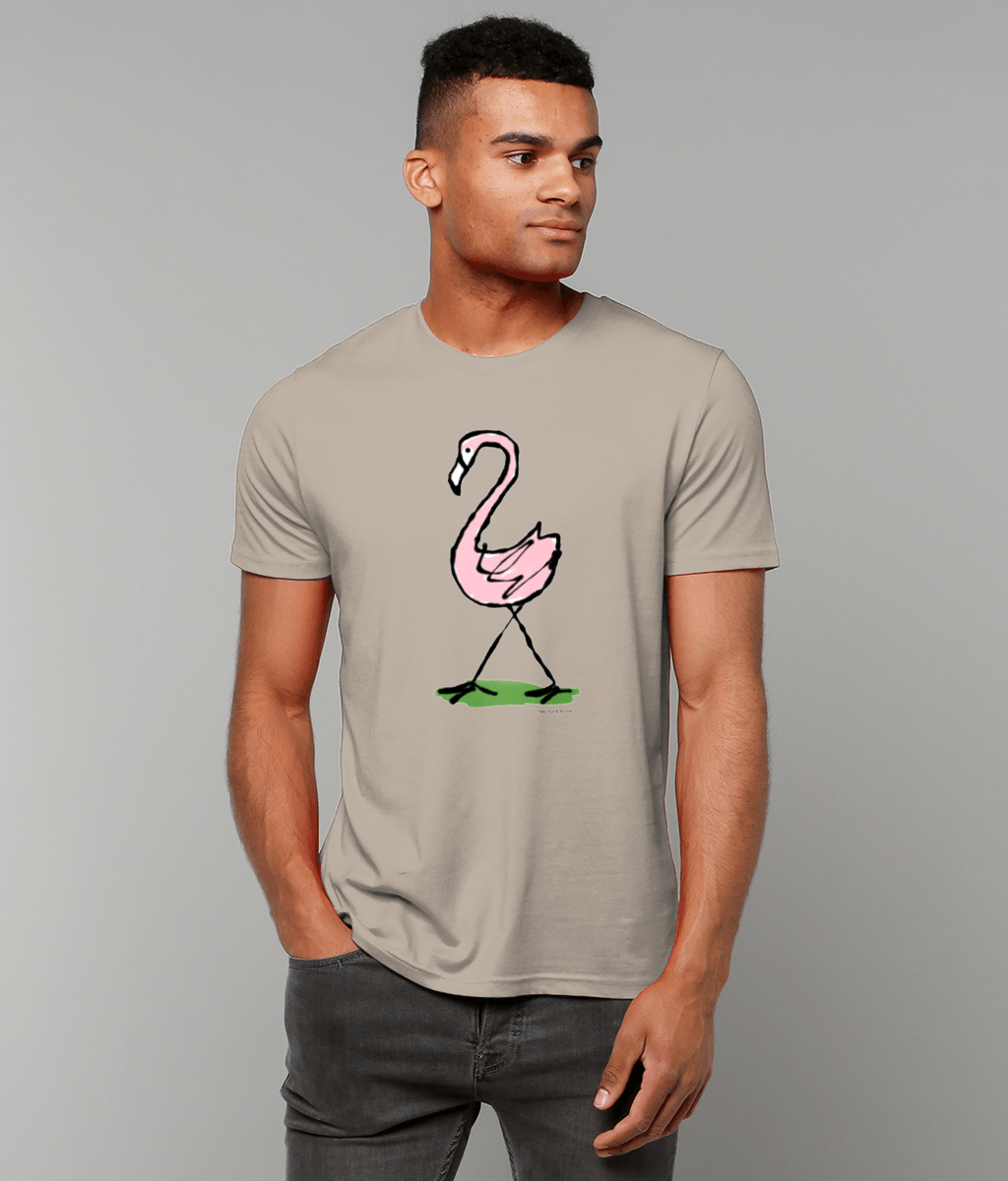 Pink Flamingo T-shirt - Young man wearing an illustrated flamingo t-shirt design on sand colour tee by Hector and Bone