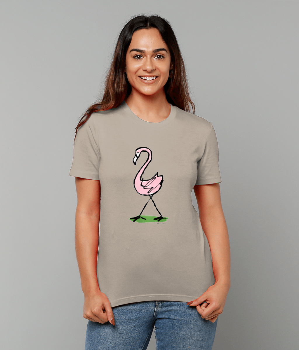 Pink Flamingo T-shirt - Young woman wearing an illustrated flamingo t-shirt design on sand colour tee by Hector and Bone