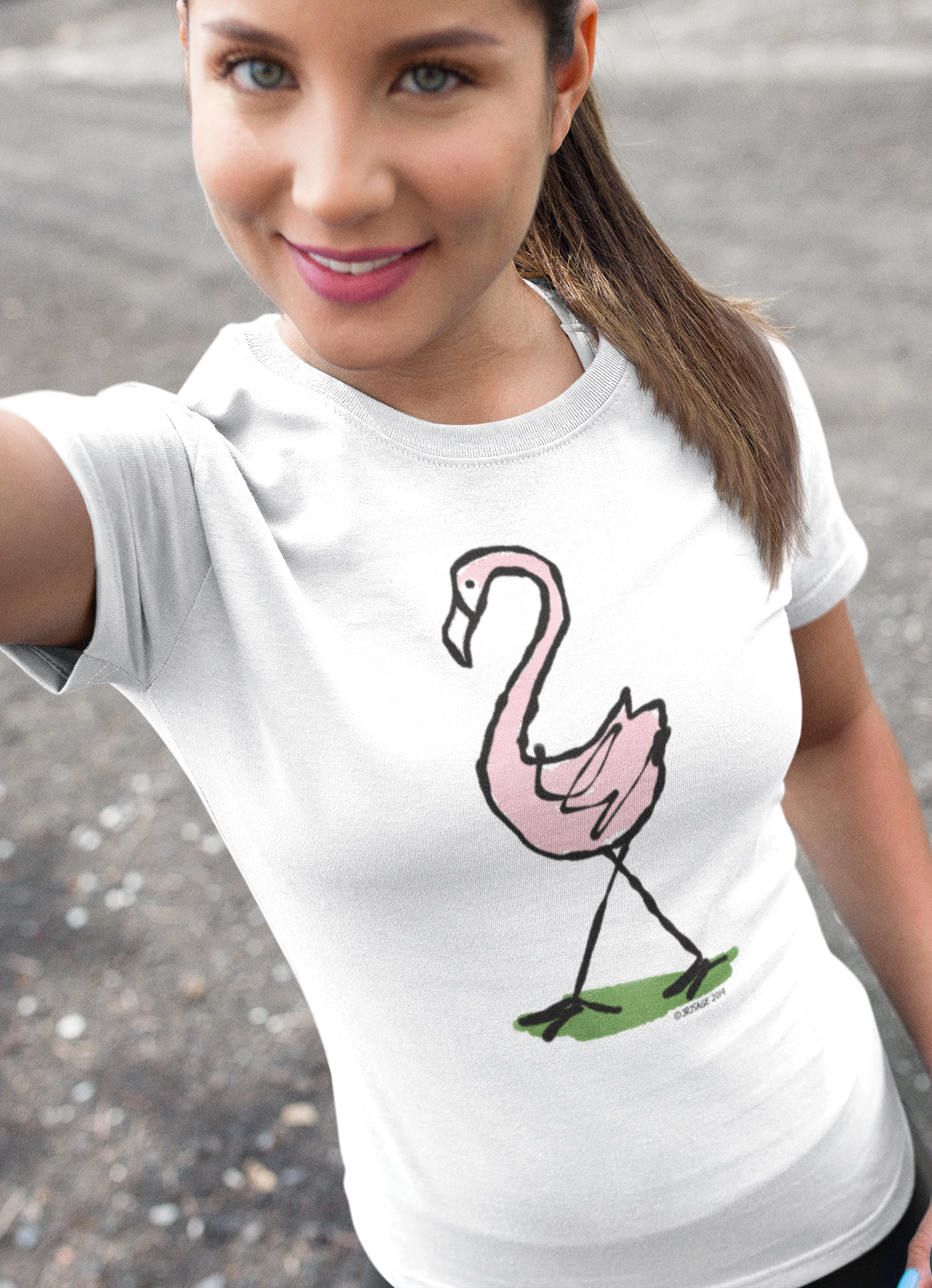 Pink Flamingo T-shirt - Young woman wearing an illustrated flamingo t-shirt design on a white tee by Hector and Bone