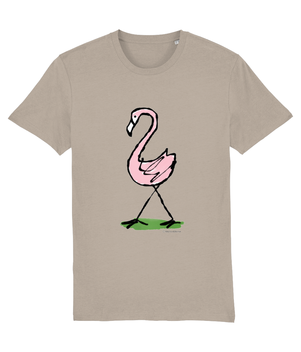 Pink Flamingo T-shirt - Illustrated flamingo design on sand colour vegan cotton unisex t-shirts by Hector and Bone