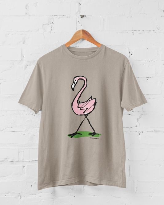 Pink Flamingo T-shirt - Illustrated flamingo design on sand colour vegan cotton unisex t-shirts by Hector and Bone
