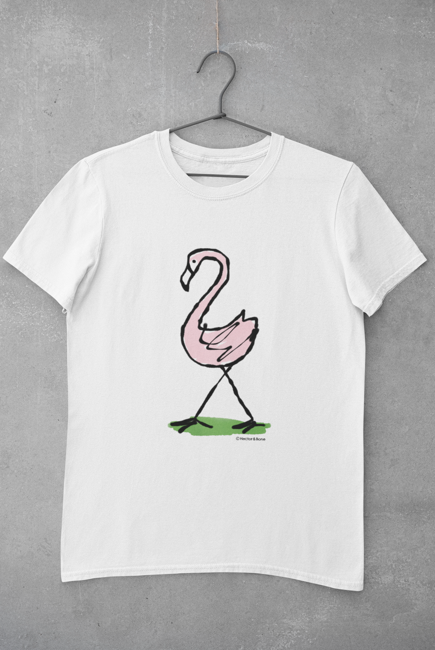 Pink Flamingo T-shirt - Illustrated flamingo design on white vegan cotton unisex t-shirts by Hector and Bone 