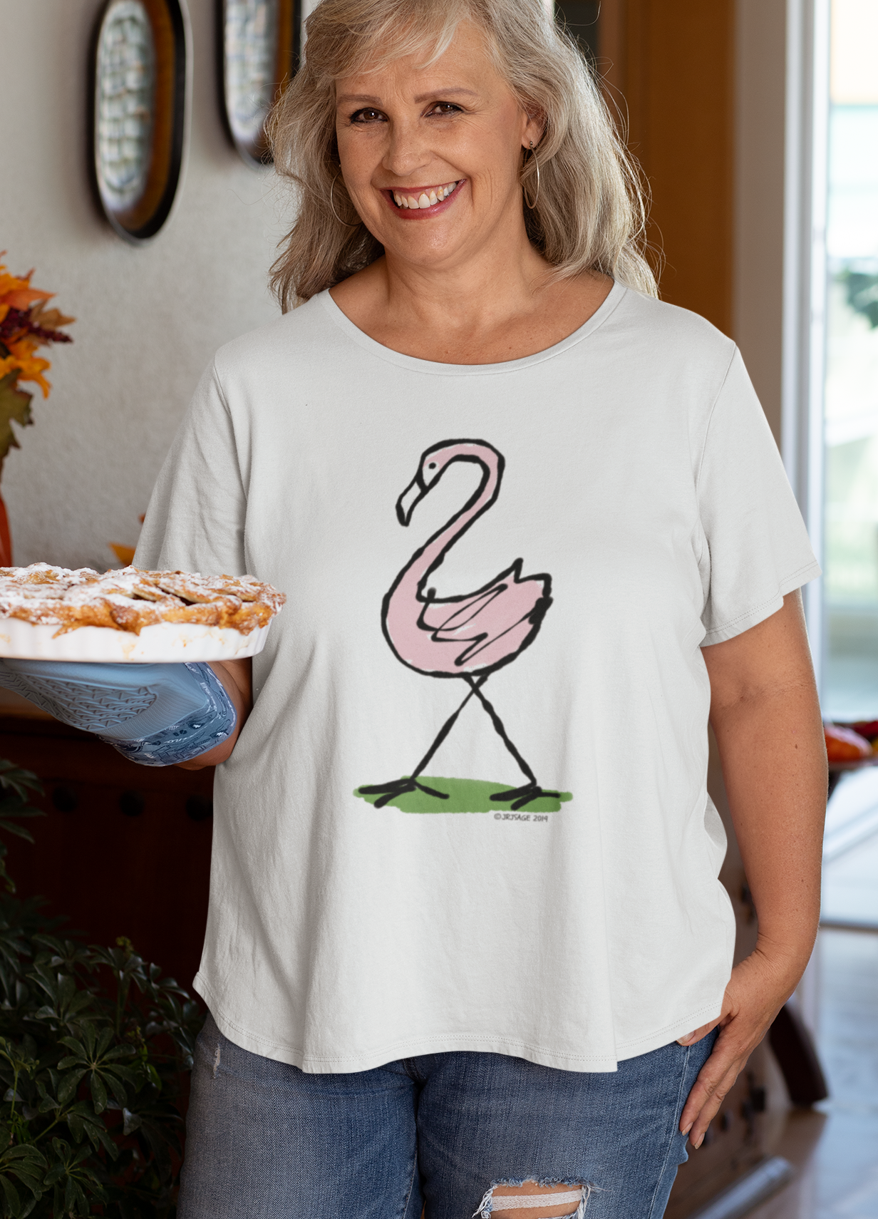Pink Flamingo T-shirt - Woman wearing an illustrated flamingo t-shirt design on a white tee by Hector and Bone