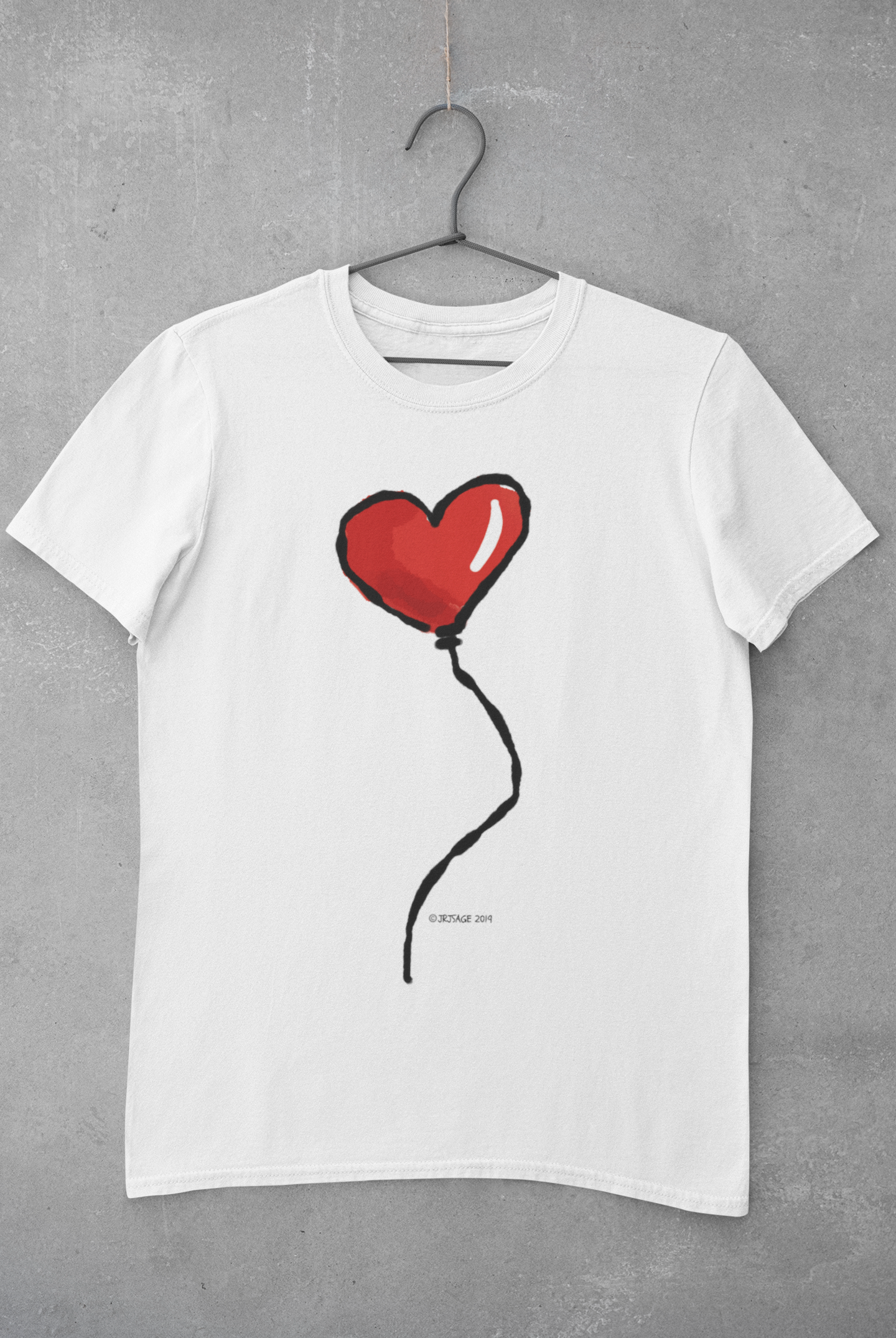 Red Heart Balloon I Love you T-shirt design illustration printed on a white vegan cotton t-shirt by Hector and Bone