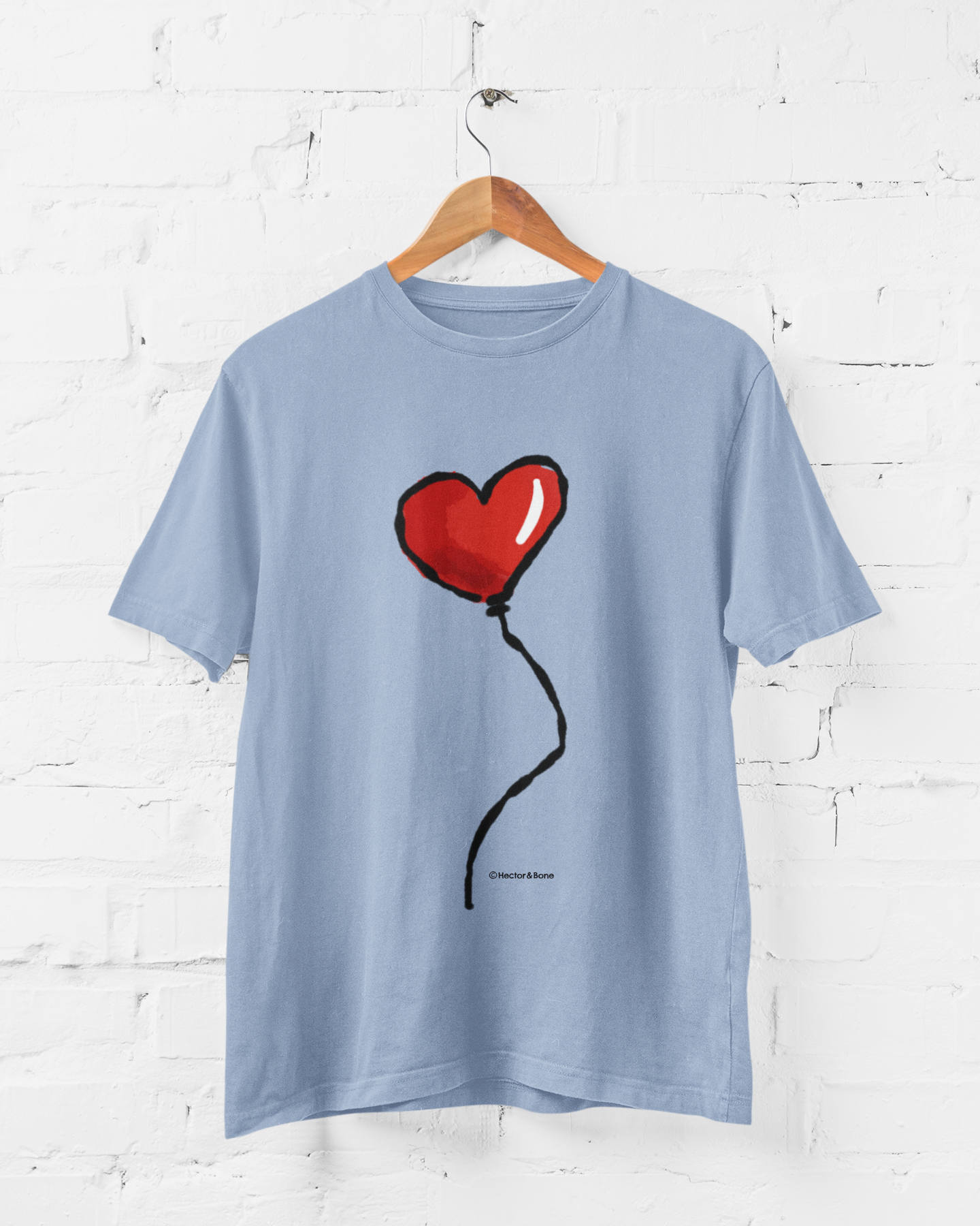 Red Heart Balloon I Love you T-shirt design printed on a cream heather grey vegan cotton t-shirt by Hector and Bone