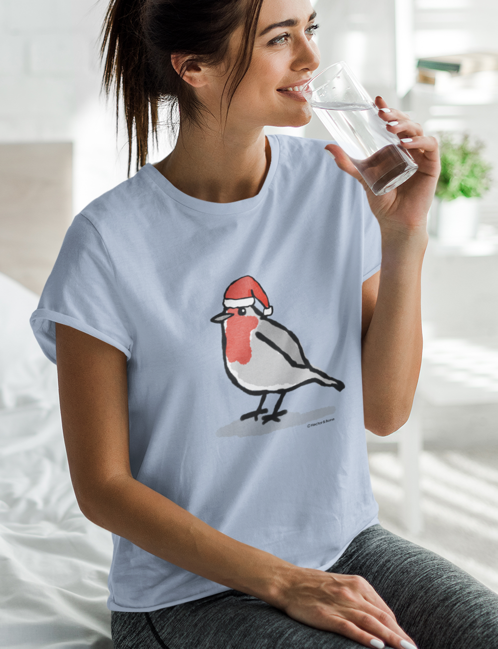 Santa Robin T-shirt - Illustrated Vegan Cotton Christmas T-Shirts