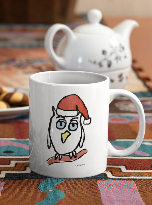 Santa Night Owl Christmas coffee mug design by Hector and Bone cute animal wearing Xmas hat