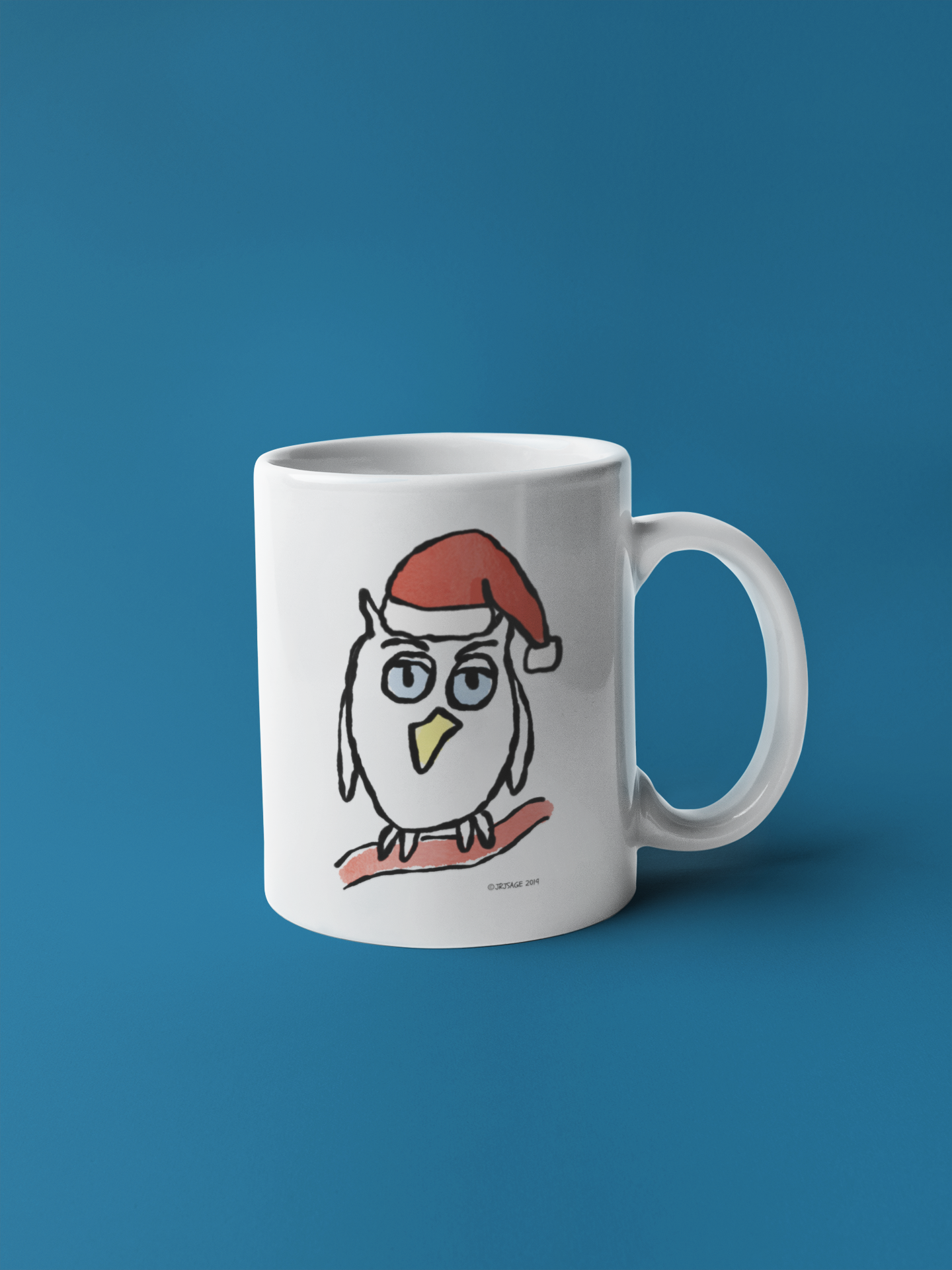 Santa Night Owl Christmas coffee mug design by Hector and Bone cute animal wearing Xmas hat