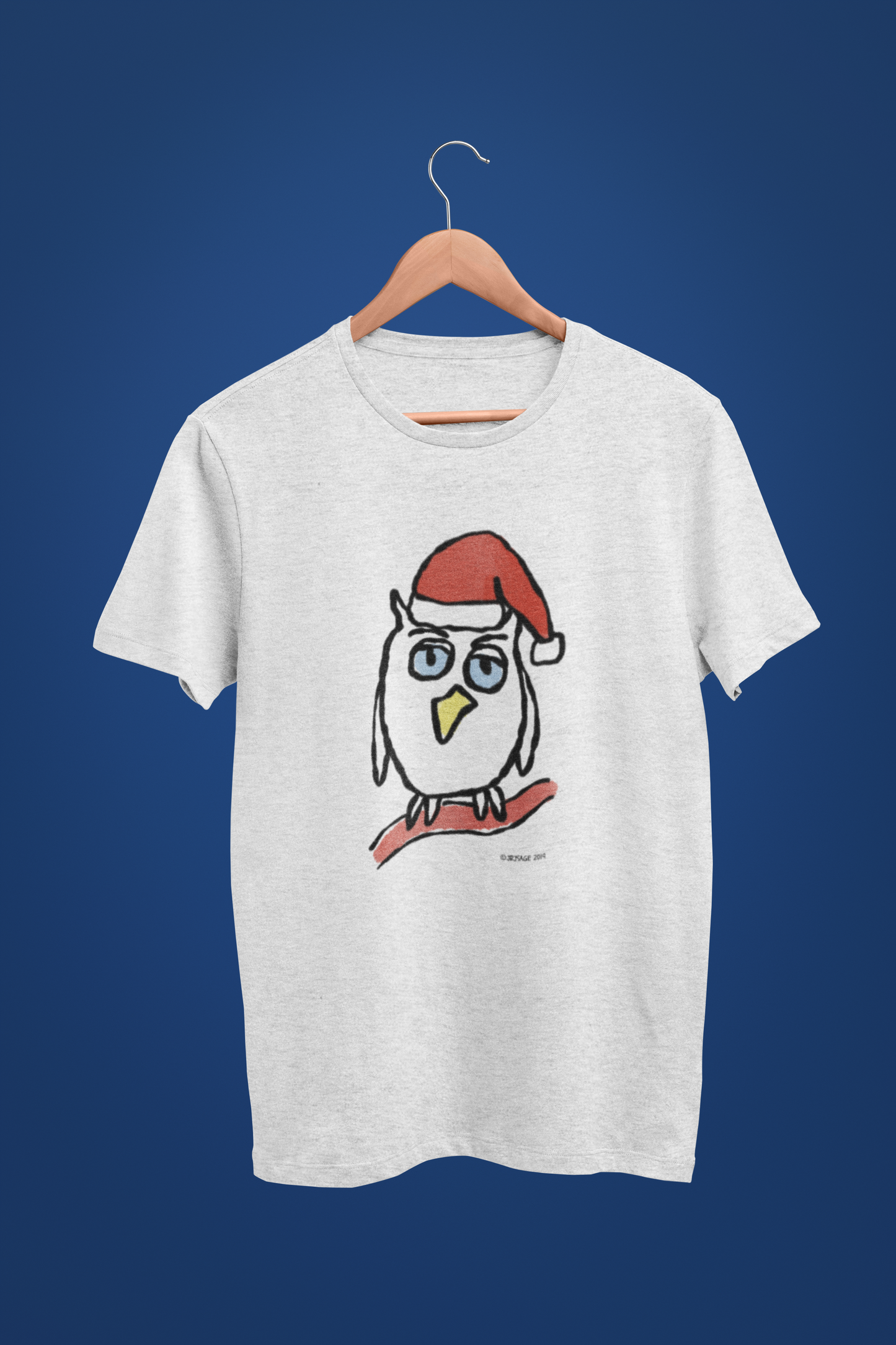 Santa Night Owl cute Christmas T-shirt illustrated design by Hector and Bone on a Vegan cotton cream heather grey t-shirt