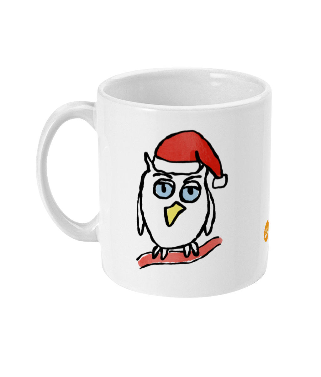 Santa Night Owl Mug - Cute Santa Owl illustrated coffee mug by Hector and Bone Left View