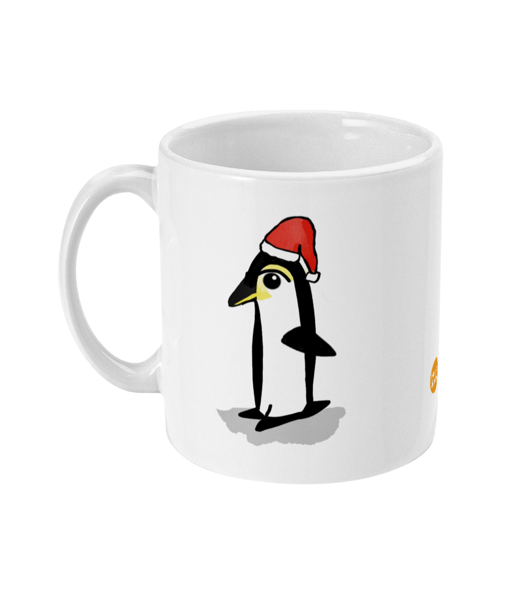 Santa Penguin Christmas Mug - Cute illustrated Xmas Penguin coffee mug by Hector and Bone Left View