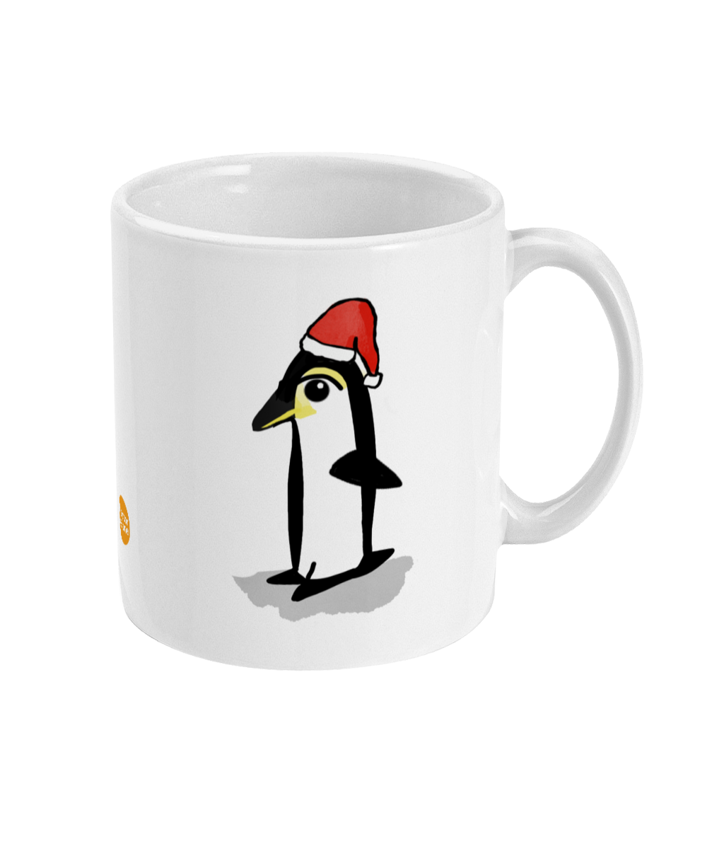 Santa Penguin Christmas Mug - Cute illustrated Xmas Penguin coffee mug by Hector and Bone Right View