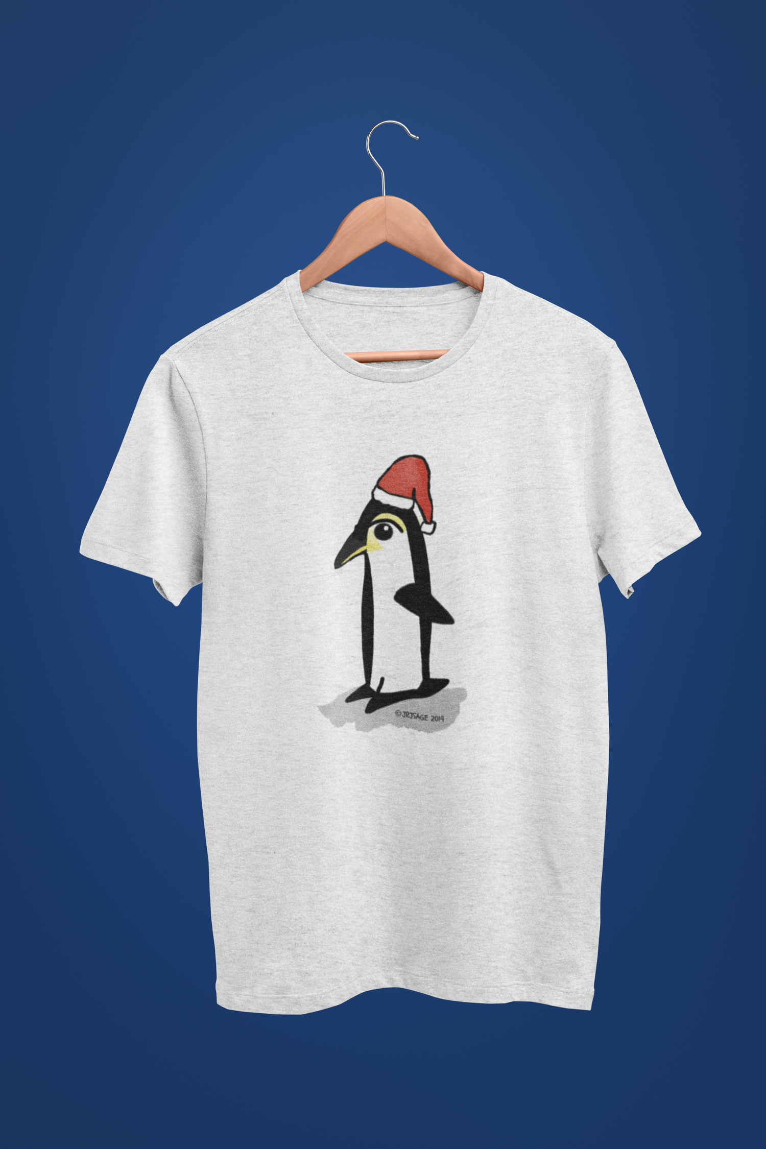 Santa Penguin cute Christmas T-shirt illustrated design by Hector and Bone on a Vegan cotton cream heather grey tee shirt