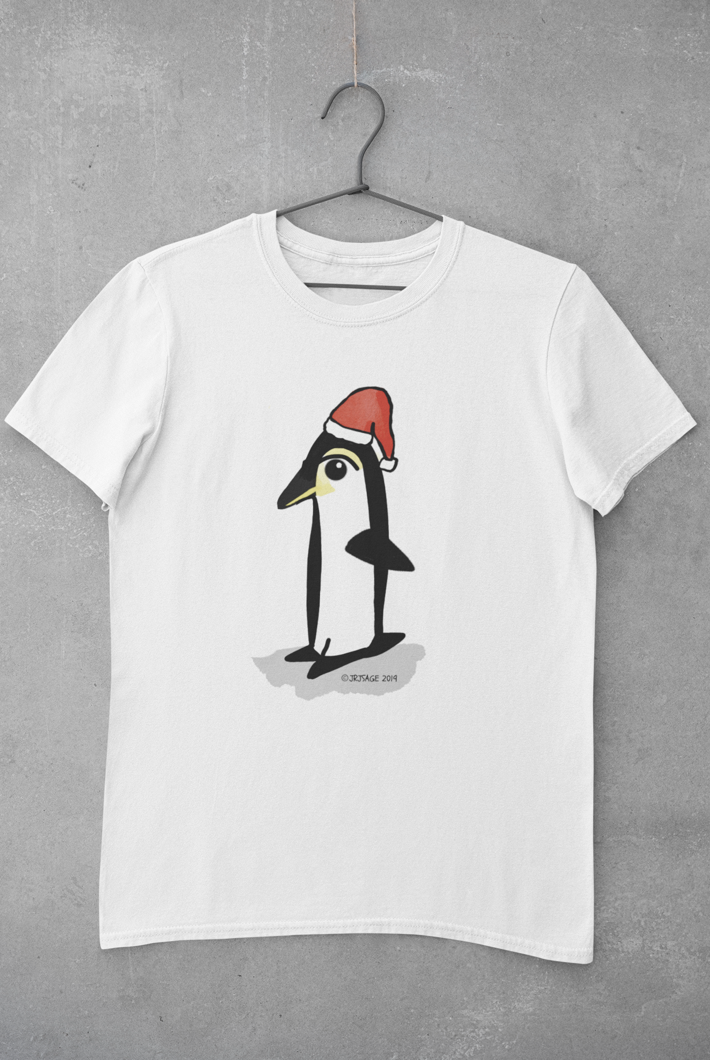Santa Penguin Christmas T-shirt - Illustrated cute Xmas penguin t-shirt design by Hector and Bone on a white vegan cotton tee shirt
