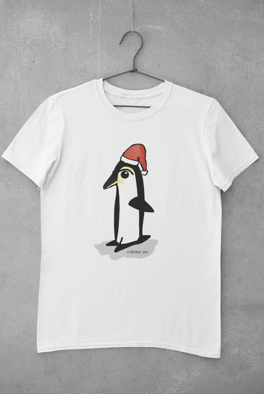 Santa Penguin Christmas T-shirt - Illustrated cute Xmas penguin t-shirt design by Hector and Bone on a white vegan cotton tee shirt