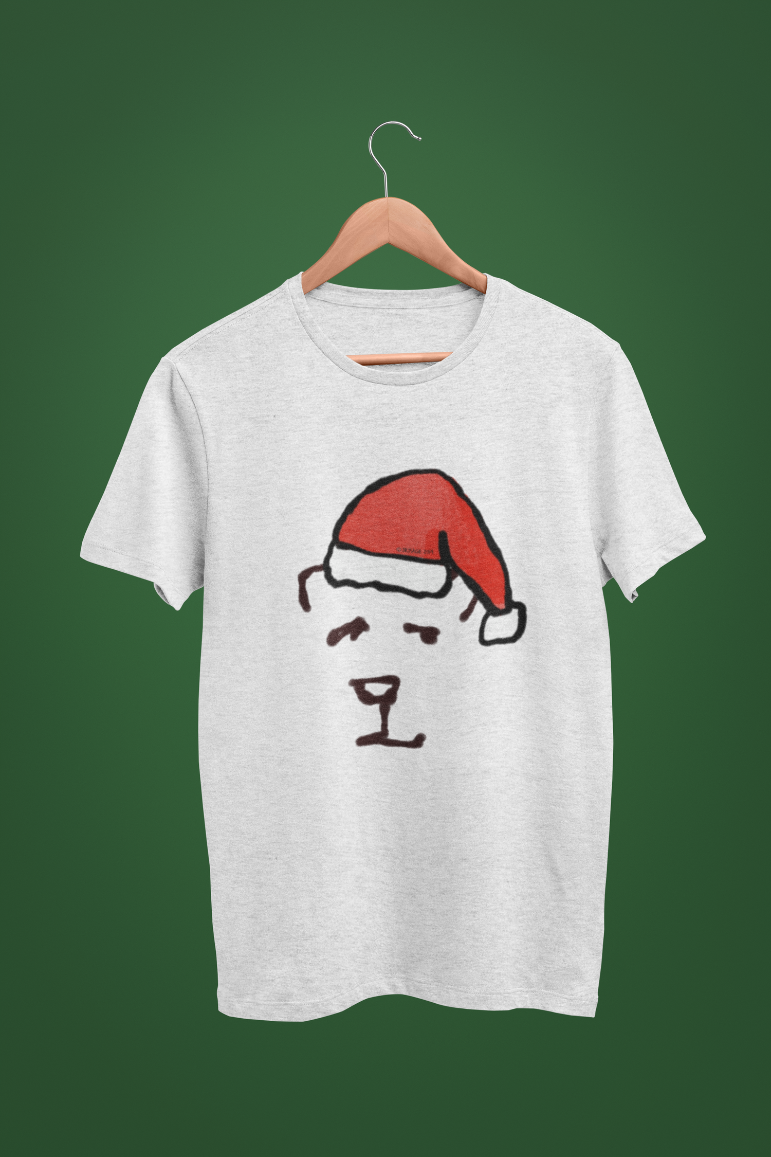 Santa Polar Bear cute Christmas T-shirt illustrated design by Hector and Bone on a Vegan Heather grey tee shirt
