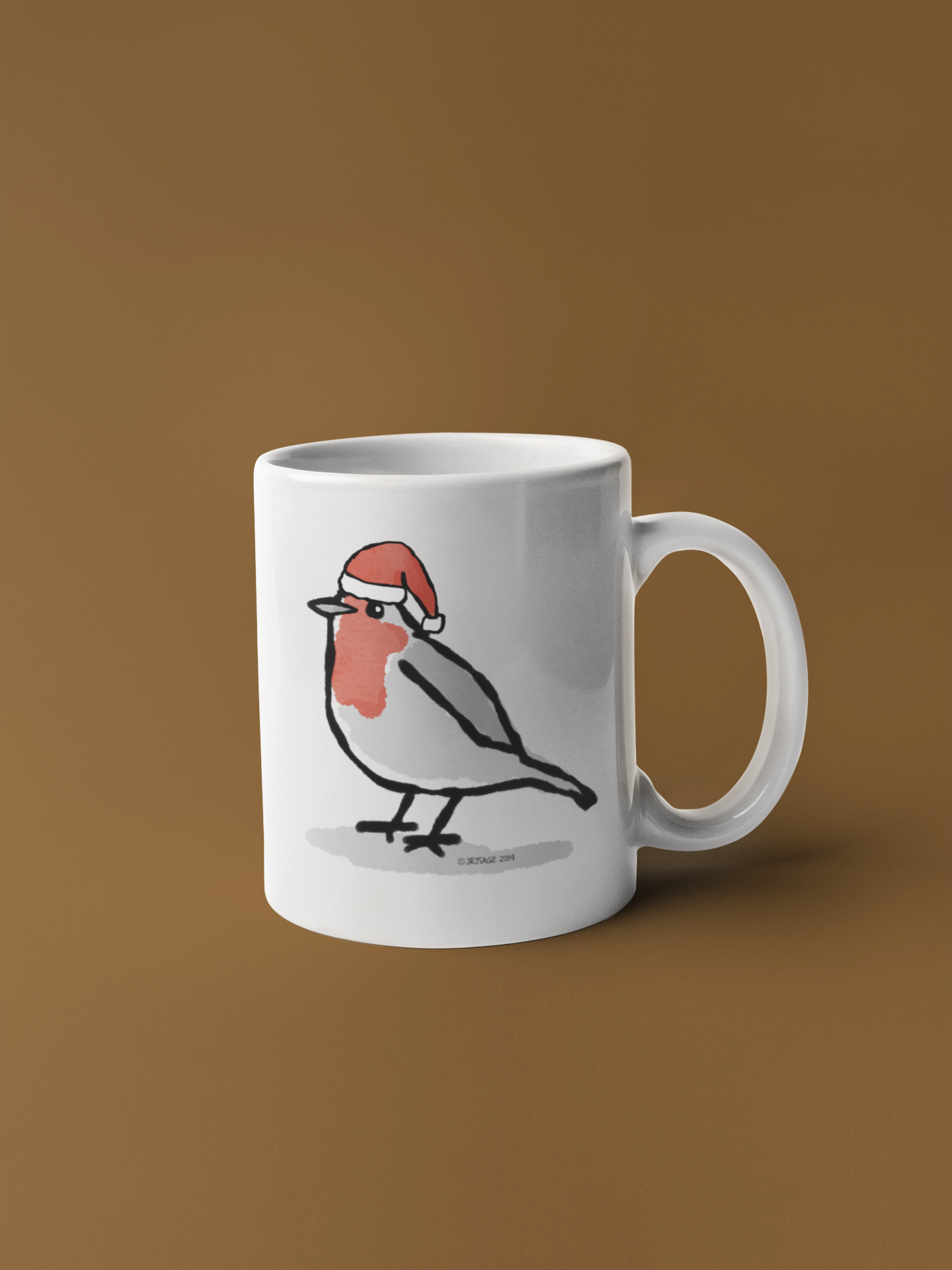 Santa Robin Christmas coffee mug design by Hector and Bone cute bird wearing an Xmas hat