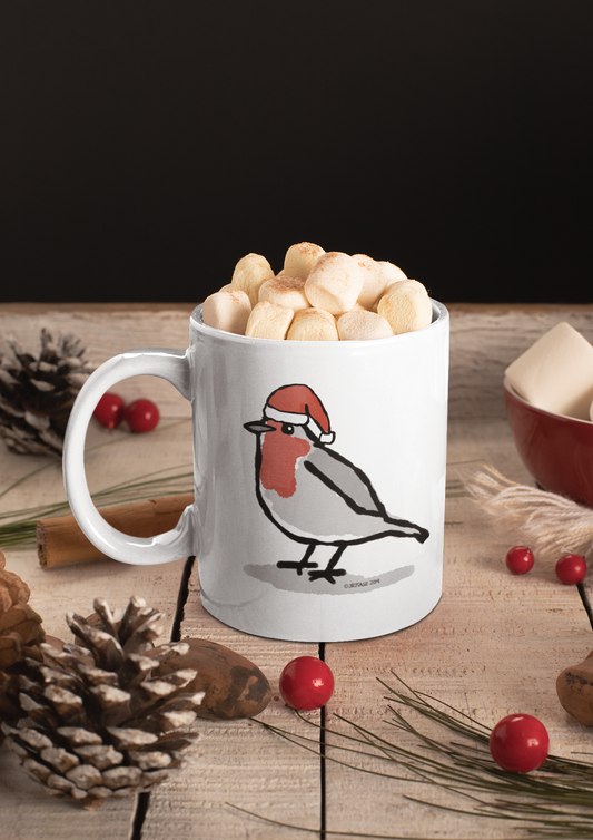 Santa Robin Christmas mug design by Hector and Bone cute Robin bird wearing an Xmas hat