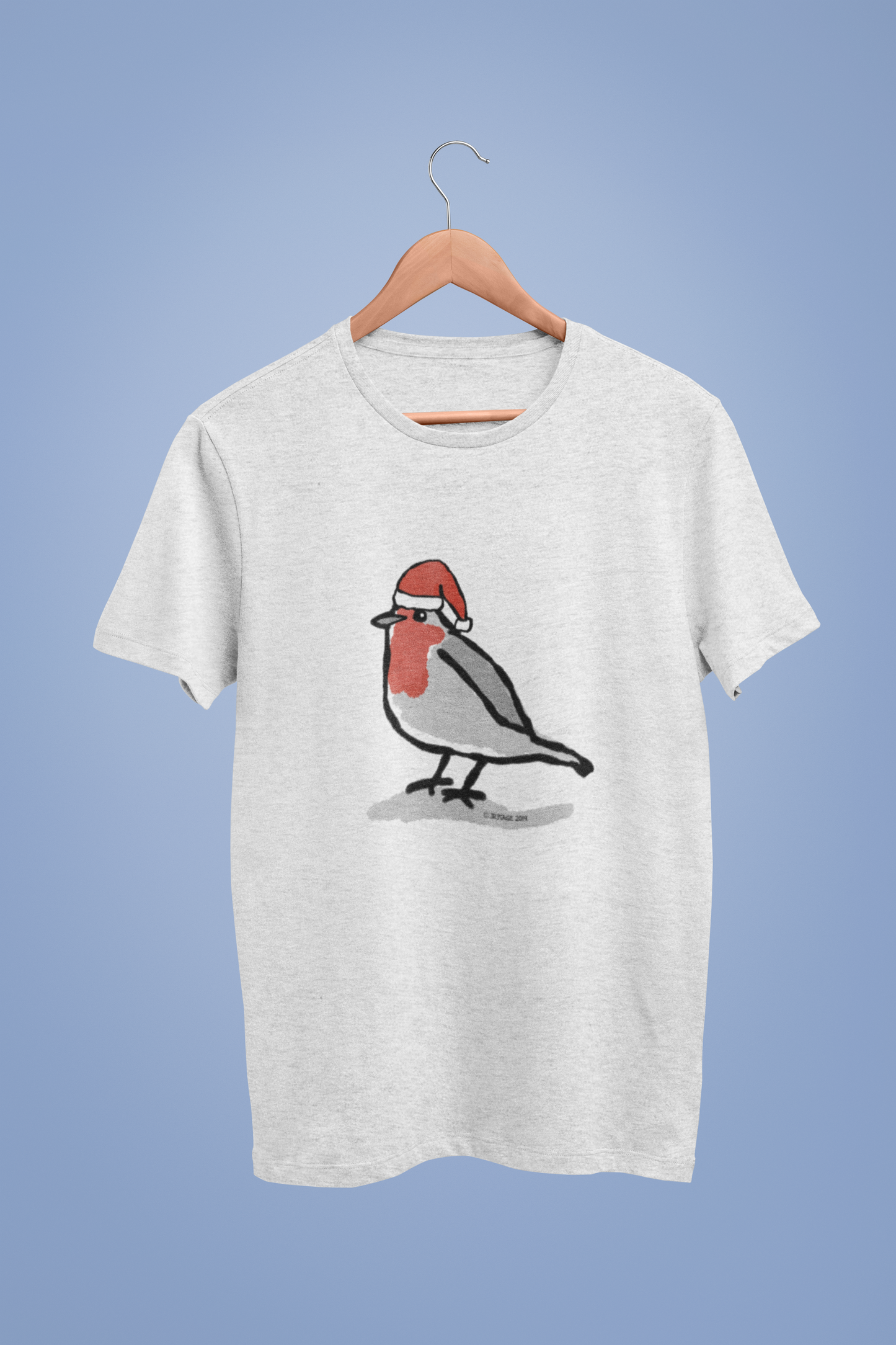Santa Robin cute Christmas T-shirt - illustrated Robin design by Hector and Bone on a Vegan cream heather grey colour t-shirt