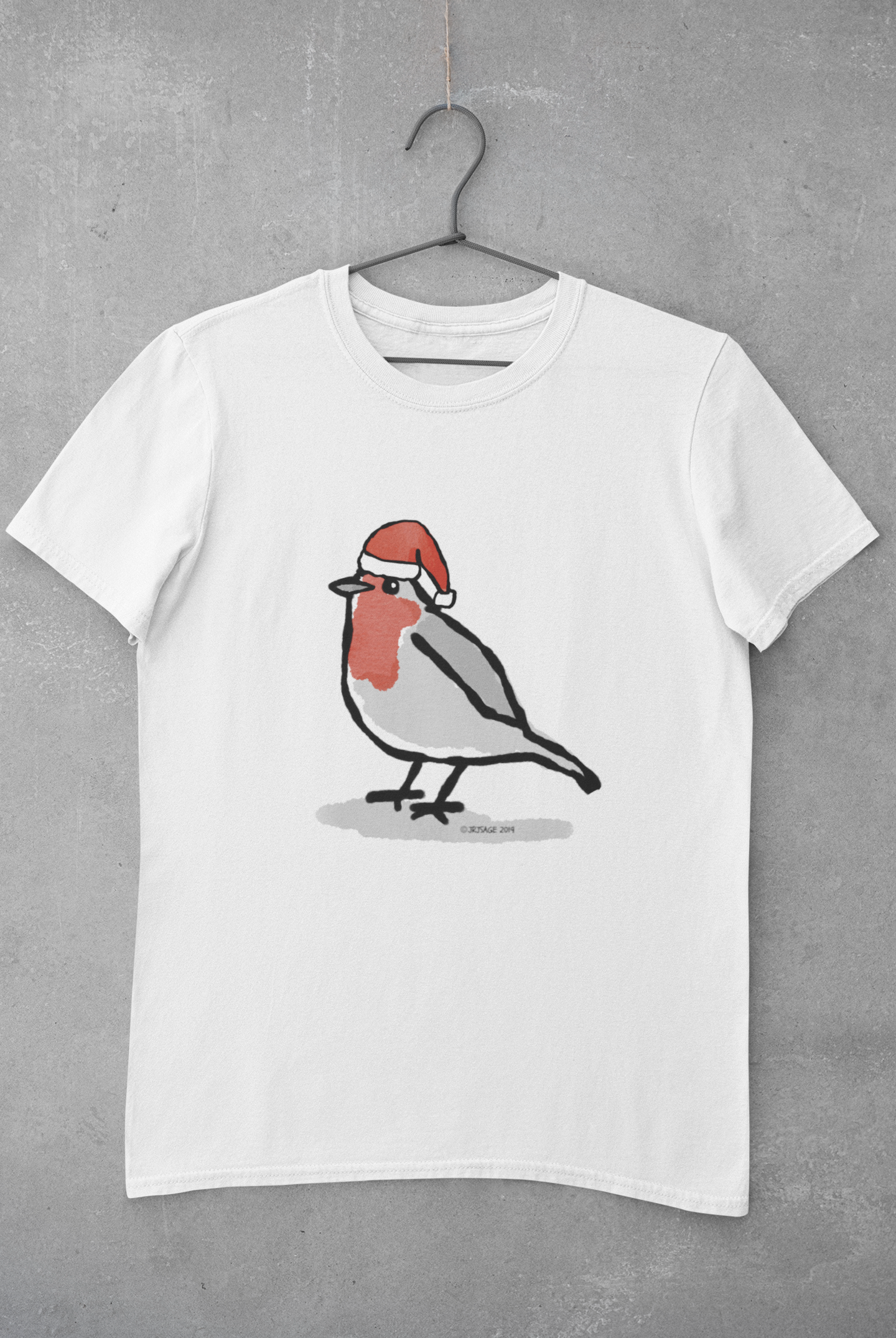 Santa Robin Christmas T-shirt - Original illustrated Robin design by Hector and Bone - Christmas Robin t-shirts - Vegan cotton white t-shirt