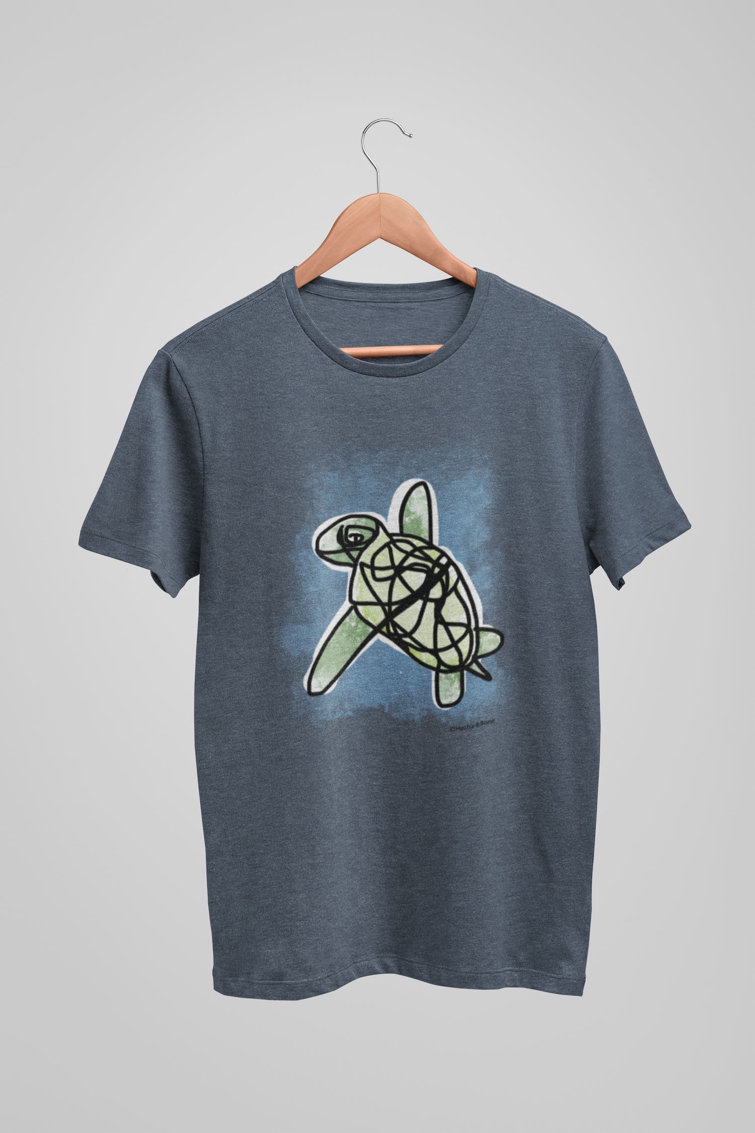 Sea Turtle T-shirt - Illustrated Green Sea Turtle T-shirts - Endangered species wildlife conservation - Quality heather blue vegan cotton turtle t-shirts by Hector and Bone