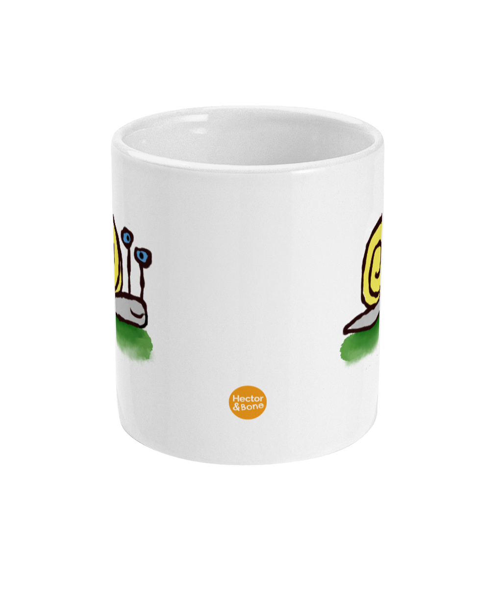 Sly the Snail Mug - Funny Snail illustrated coffee mug by Hector and Bone Front View