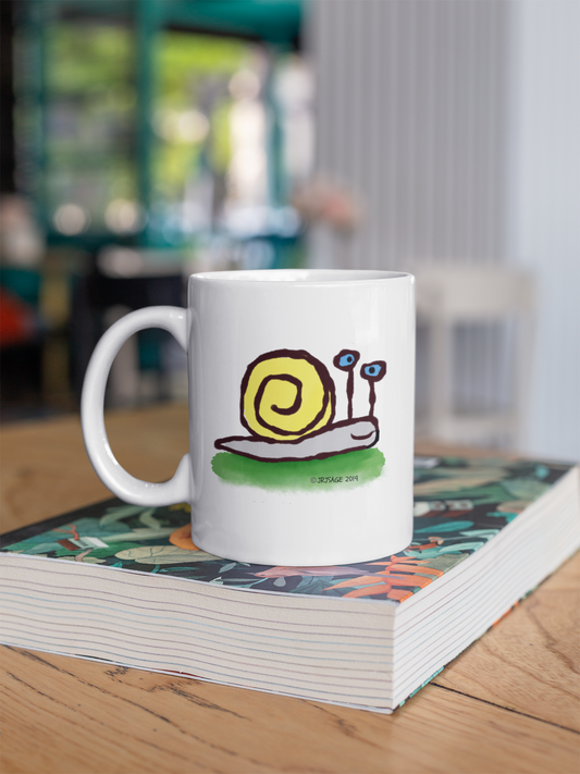 Cute Sly the Snail illustrated coffee mug designed by Hector and Bone